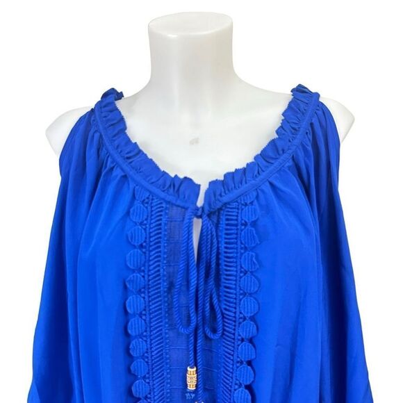 Tracy Reese Blue Cold Shoulder Scoop Neck Tunic Blouse size large 100% Silk - Picture 2 of 9